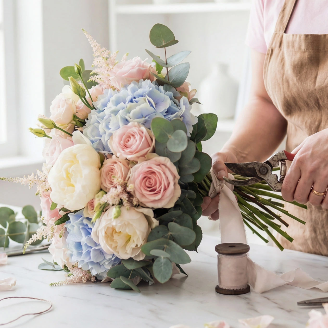 a girl preparing a bouquet of flowers